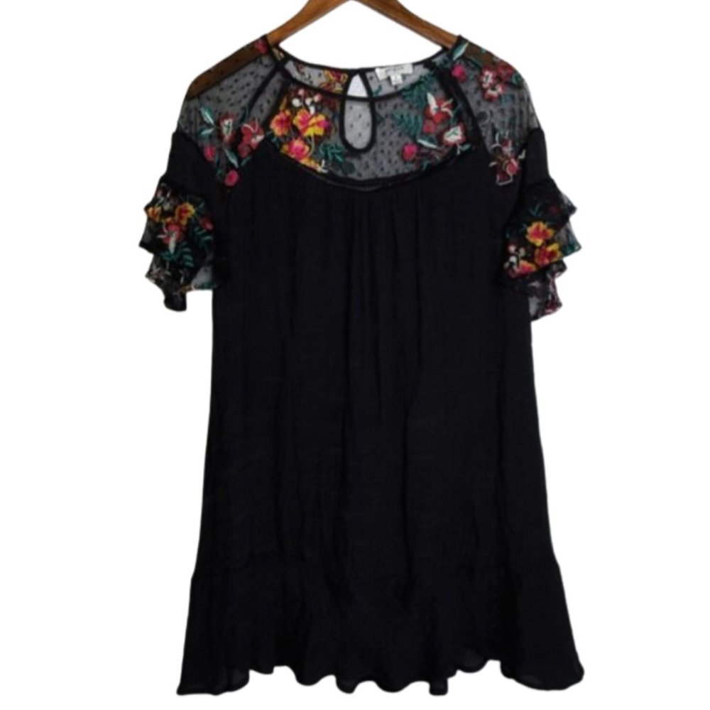 Umgee Black Mini Dress with Floral Mesh Detailing